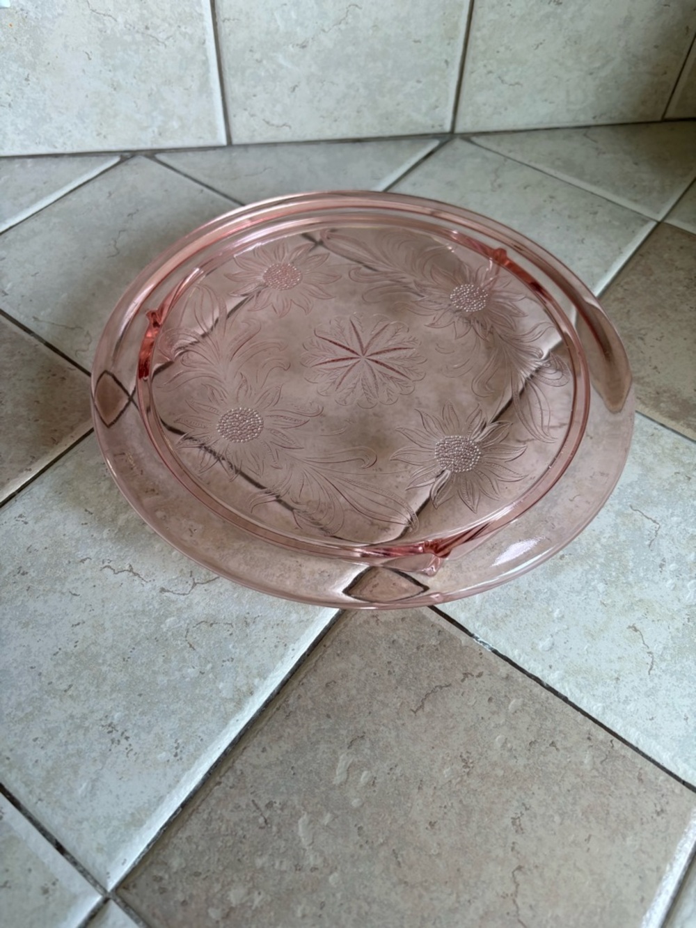 Antique Jeanette Glass Co. Cake Plate Pink Depression Glass Sunflower (p0009)